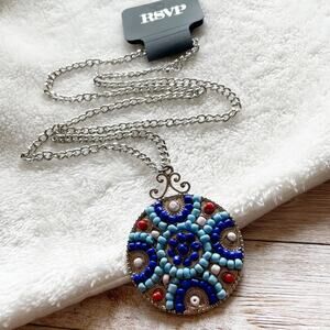 RSVP Beaded Medallion Necklace Long Chain Silver Tone Blue New